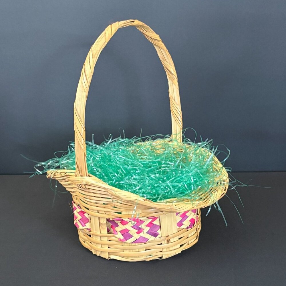Easter Basket Woven Bamboo Wicker Vintage Pink Purple Egg Hunt Bunny Decorations - Picture 2 of 6